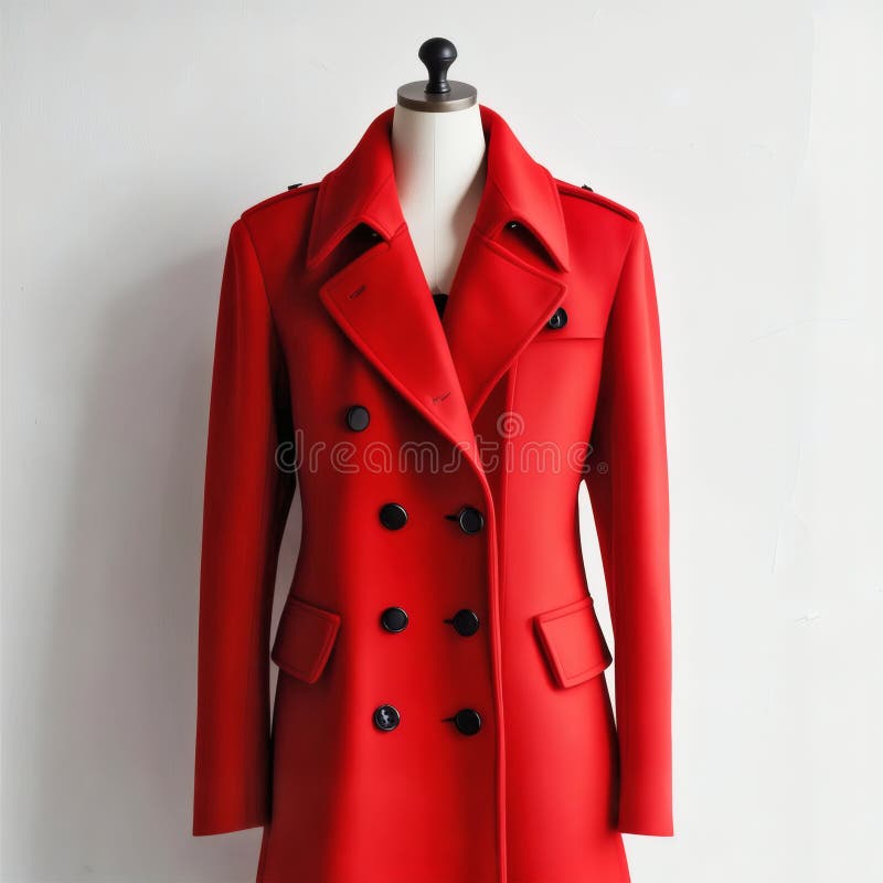 A timeless red double-breasted coat with black buttons and structured collar, displayed on a modern mannequin against a clean vector illustration