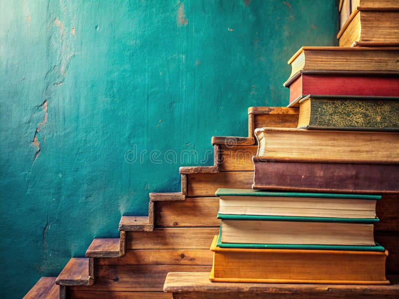 A Timeless Staircase Vintage Books and Teal Walls Showcase Literary Elegance and Interior Design Inspiration vector illustration