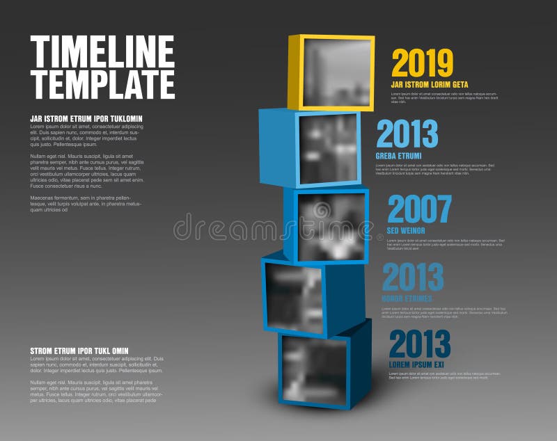 Vector timeline template made from yellow and blue cubes with photos - dark version. History timeline vertical vectors