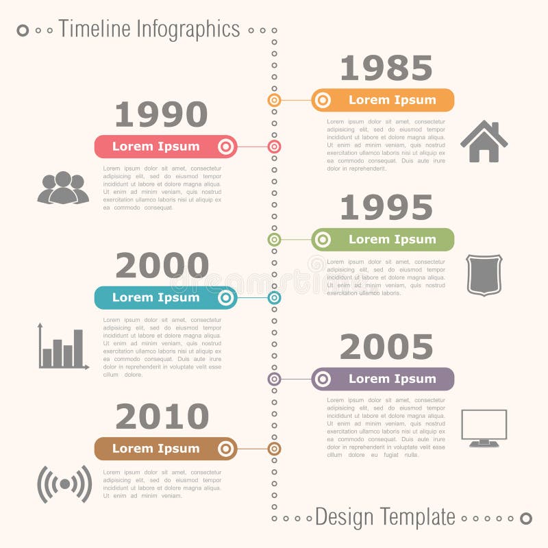 Timeline infographics design template with icons, dates and text. History timeline vertical vectors
