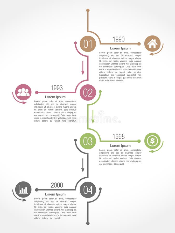 Timeline infographics design template with place for numbers, dates, icons and text, vector eps10 illustration. History timeline vertical vectors