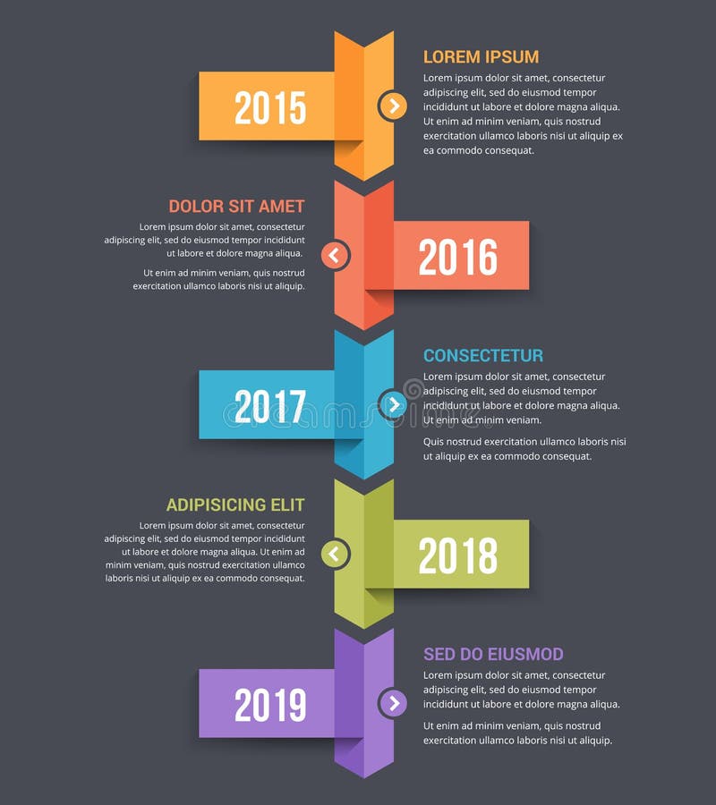 Vertical timeline infographics template with five arrows. History timeline vertical vectors