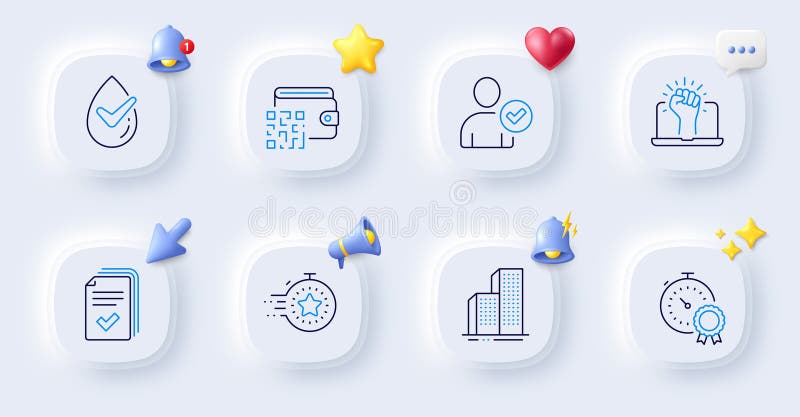 Timer, Skyscraper buildings and Identity confirmed line icons. For web app, printing. Vector vector illustration