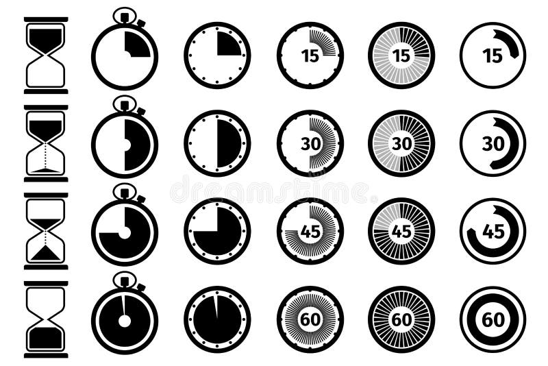 Timer, stopwatch and hourglass vector icon set stock illustration Timer, stopwatch and hourglass vector icon set stock illustration