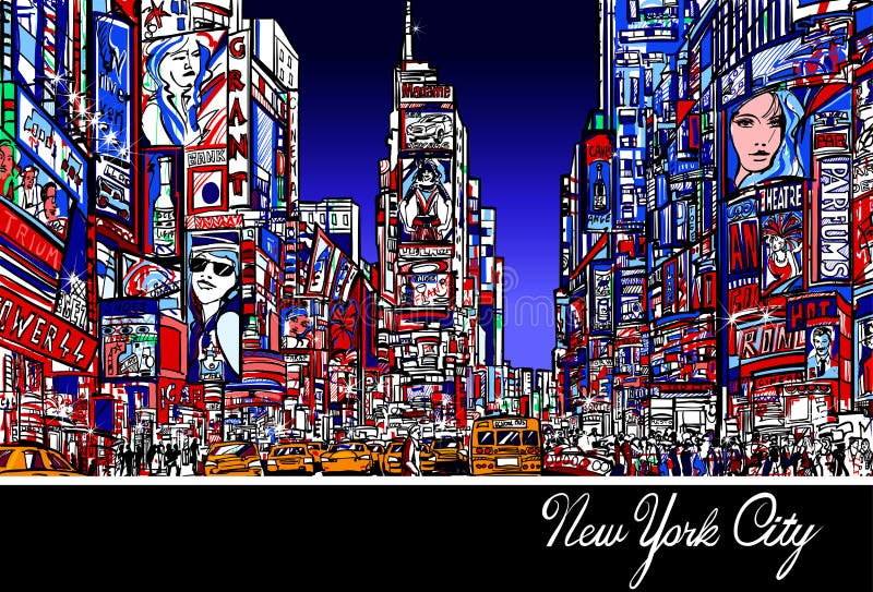 Colorful interpretation of Times Square in New York at night - Vector illustration. Colorful interpretation of Times Square in New York at night - Vector illustration