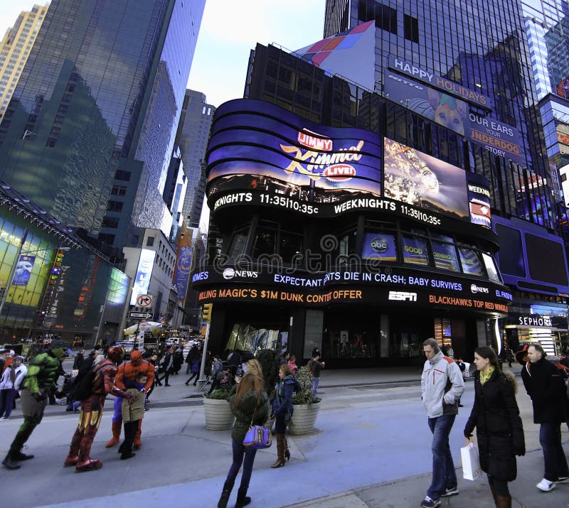 Times Square Studios (TSS) is an American television studio located in the Times Square neighborhood of the Manhattan borough of New York City, New York. The studio is best known as the production home of ABC News' Good Morning America (GMA), a morning news and talk program and segments for GMA on ABC News Now. Times Square Studios is owned by The Walt Disney Company, a media and entertainment conglomerate, which also owns ABC. It was designed by Walt Disney Imagineering, Disney's design and development arm. The original concept for the studio was conceived by Harry Grossman. His plan called for the studio to broadcast many shows twenty-four hours a day for both Disney-owned and non-Disney programs. The building's outer facade consists of over 9 LED ribbons of lights. The 8th LED ribbon of lights from the top is used as a ticker for ABC News, while the 9th is a sports ticker for ESPN. Also on the facade is a large TV display made by Mitsubishi - Diamond Vision despite the visual that states Siemens. This screen mainly broadcasts the late SportsCenter, along with WABC-TV and ABC News newscasts during non-GMA hours, along with high-profile sports events, series and films on the ABC and ESPN family of networks for both the convenience of Times Square visitors and to provide a simple venue for crowd photo ops for those high-profile events. The studio is primarily used for productions of ABC News. When Good Morning America is not on the air, the studios have been used regularly to produce programming (such as special week-long New York weeks for international morning shows) for other companies including: Australia Network BBC World News Cartoon Network Discovery Channel CCTV-4 CCTV News DW-TV North America CNN International ESPN France 24 Formosa TV GMA Pinoy TV HBO KBS World NHK World Television Nine Network Australia Rai Italia 1 Rossiya 24 RT America RTP Internacional RTR Planeta SIC Internacional The Filipino Channel TVB1 TVB2 TVBe TVE Internacional TV5MONDE Ã‰tats-Unis