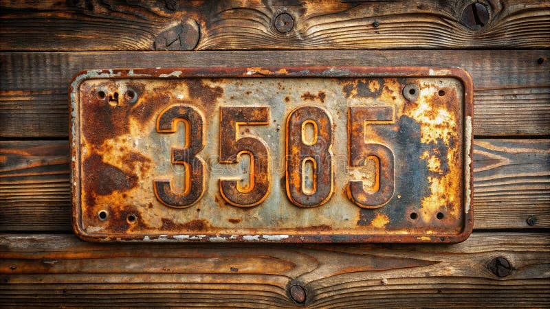 A Timeworn Number Plate A Nostalgic Glimpse into the Past Set Against a Weathered Wooden Background This Aged stock illustration