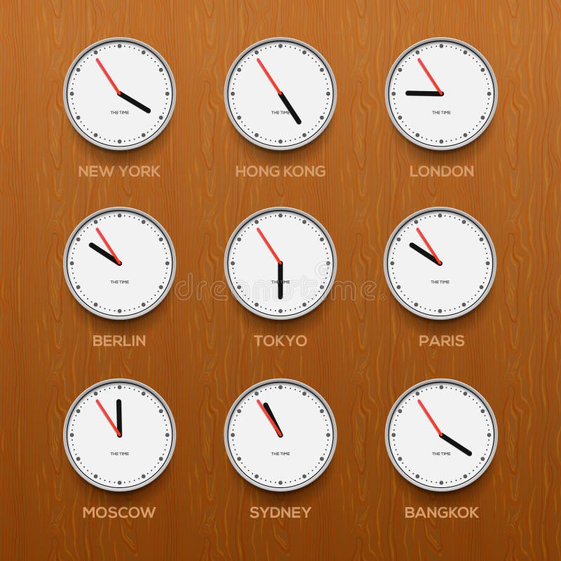 Timezone clocks showing different time, wooden