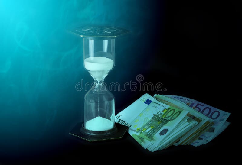 Timglas och pappers- pengar Tid är pengarbegreppet royaltyfria bilder