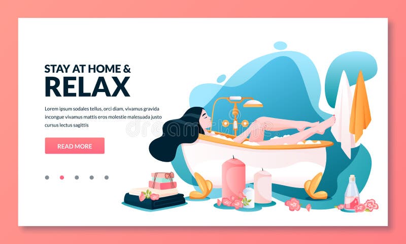 Timp de baie stai acasă și relaxați concept. femeie cu păr lung face baie cu spumă. ilustrare vectorială royalty free illustration