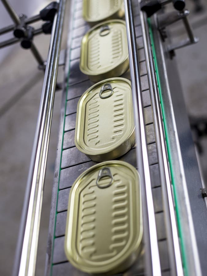 Tin Can on the Conveyor. Production of Canned Fish Stock Photo Image