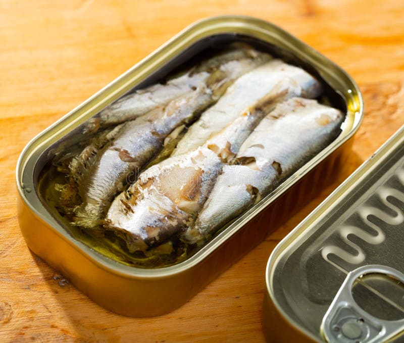 Tin Can with Smoked Sprats, Sardines, Closeup Stock Image Image of