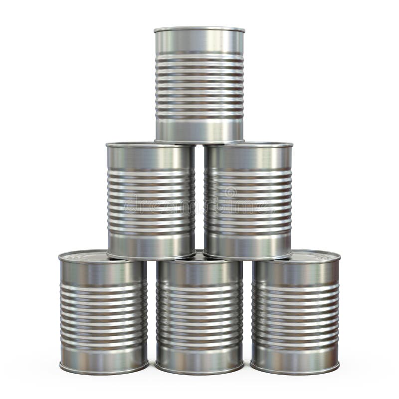 Tin can stack, tin can pyramid isolated on white background 3d rendering