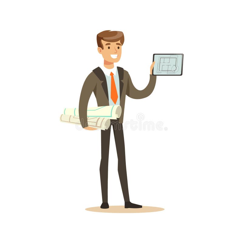 Tineri arhitecți zâmbitori care stau în picioare și care dețin proiecte de planuri de rulouri și tablete cu caracterul său colorat stock illustration
