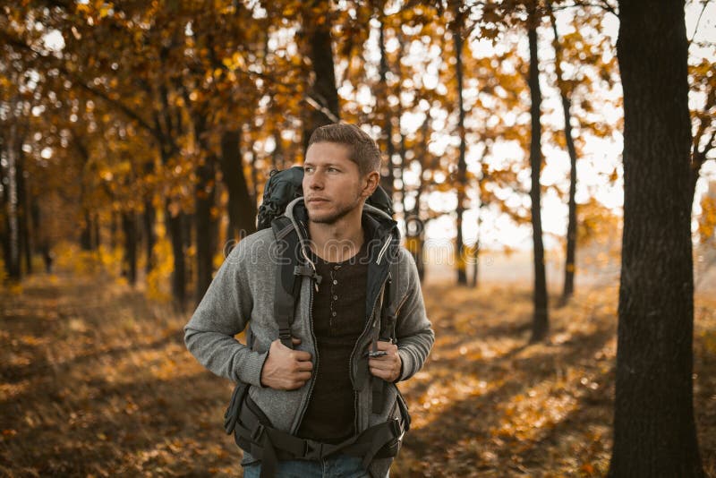 Tineri care se plimbă în pădure toamna. Călătorul cu rucsac se plimbă în pădure, un tânăr alb, în jachetă gri, se uită în altă parte, admirând frumusețea naturii în ziua însorită