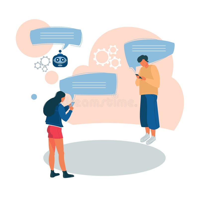 Tinerii corespund în chat. utilizarea unui chatbot într-o aplicație mobilă stock illustration