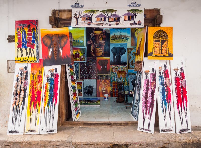 Tingatinga (tinga tinga) paintings in Stone Town, Zanzibar, Tanzania