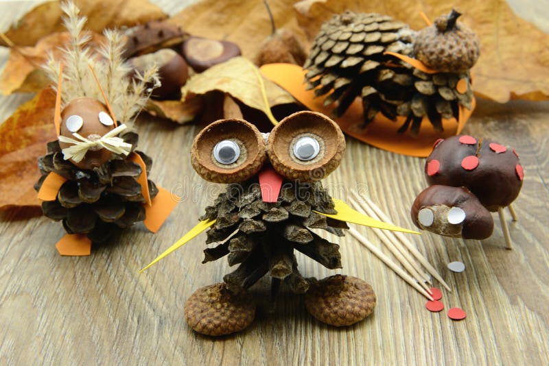 Tinker small owl, squirrel figure,snail and ladybug made of pine