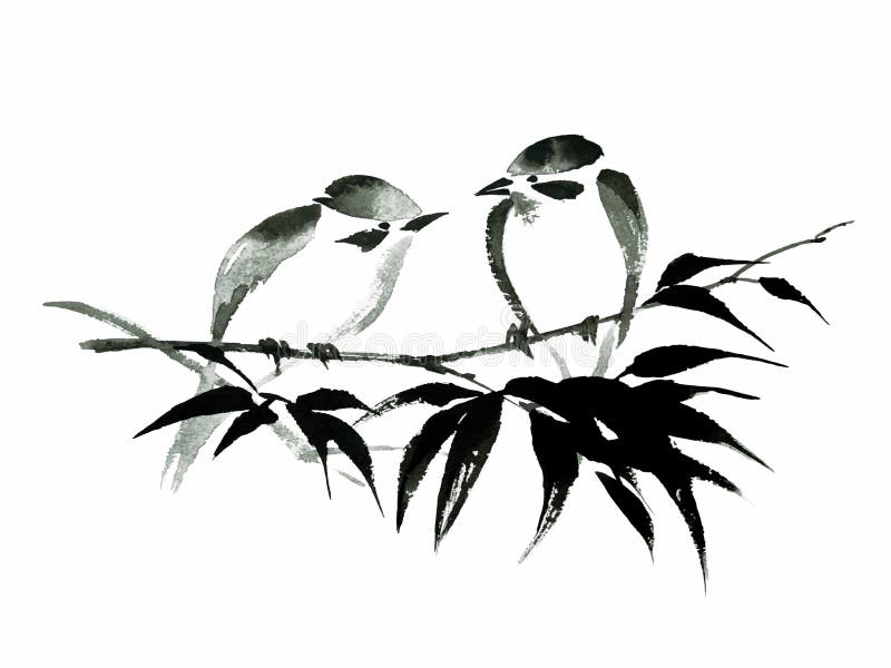 Tintenillustration von zwei Vögeln auf Bambus Sumi-eart