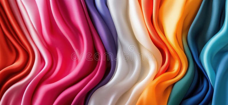 Tintura di tessuto di seta vibrante in diversi colori che presenta trame omogenee e pattern di flusso copia spazio per testo immagine stock