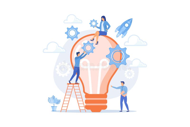 Tiny Business People Generating Ideas and Holding Gears at Big Light