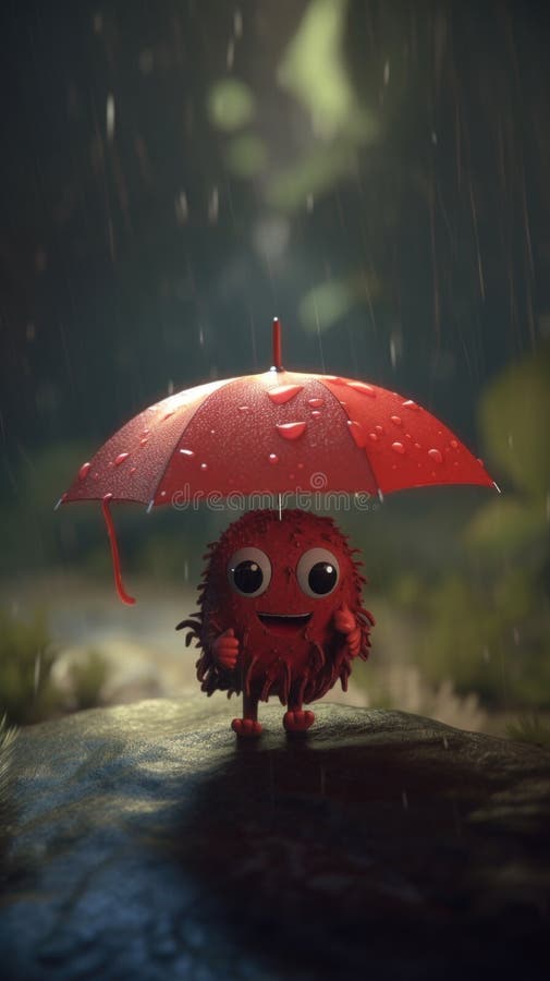O creatură mică și drăguță și necunoscută care ține o umbrelă în ploaie. imagine generativă ai. stock illustration
