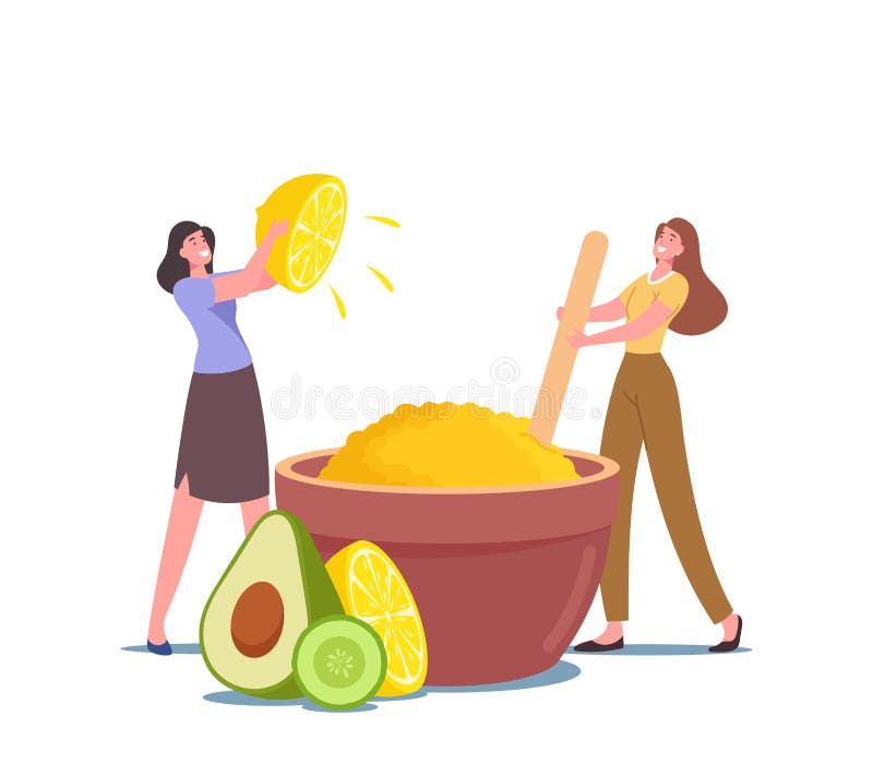 Tiny Female Characters Making Beauty Product in Huge Bowl for Skin Whitening of Lemon Juice, Avocado and Aroma Oils