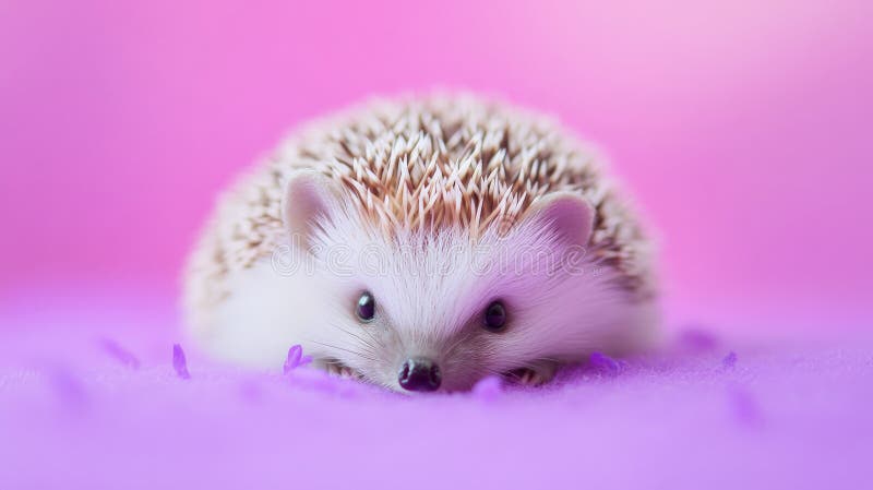 Un mic arici care stă pe spate pe un fond de lavandă. culoarea moale și armăturile stock images