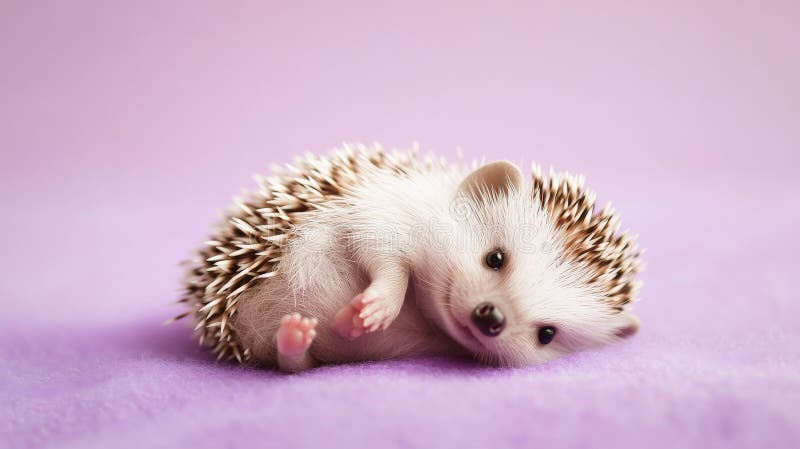 Un mic arici care stă pe spate pe un fond de lavandă. culoarea moale și armăturile royalty free stock photos