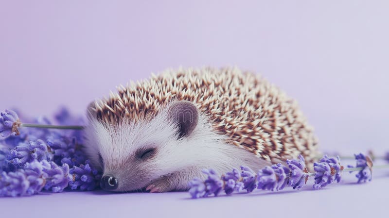 Un mic arici care stă pe spate pe un fond de lavandă. culoarea moale și armăturile stock photos