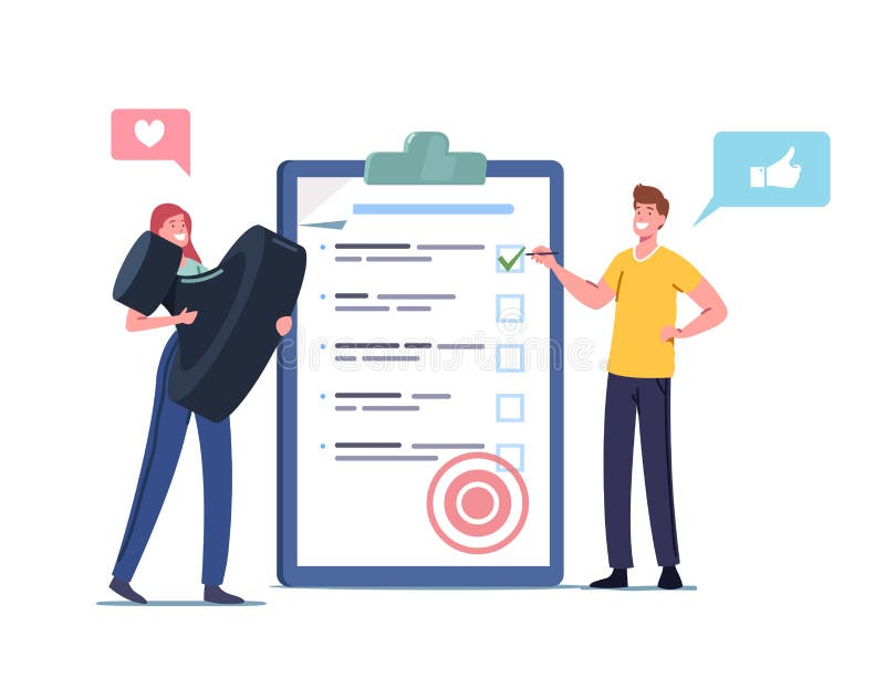 Tiny Male Female Characters with Huge Stamp Stand at Checklist Put Marks in Check Boxes on Clipboard. Task Completed royalty free illustration