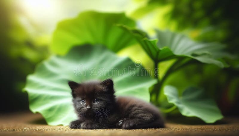 Tiny miniature black cat lying next to huge leaf royalty free illustration