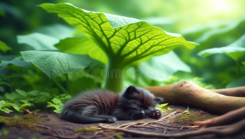 Tiny miniature black cat lying next to huge leaf royalty free illustration