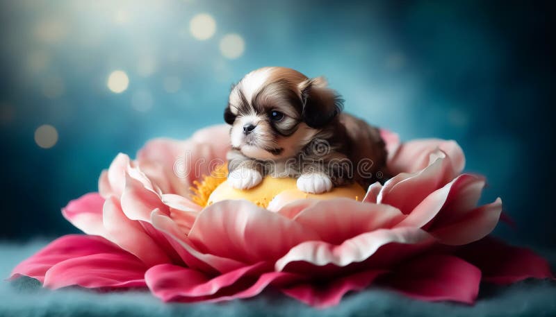 Tiny miniature dog lying on a flower vector illustration