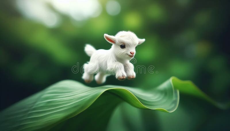 Tiny miniature goat on a green leaf stock illustration