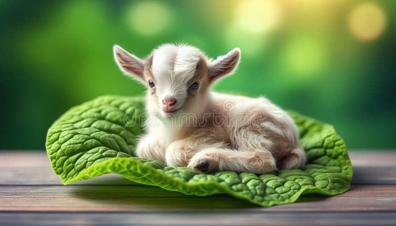 Tiny miniature goat on a green leaf stock illustration