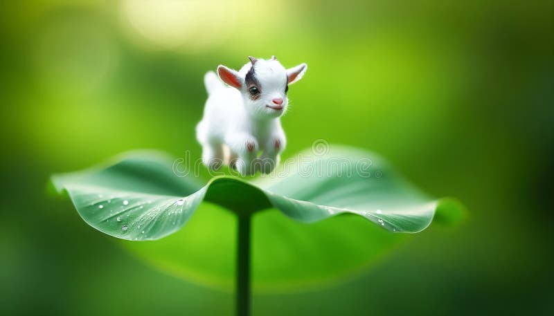 Tiny miniature goat on a green leaf vector illustration