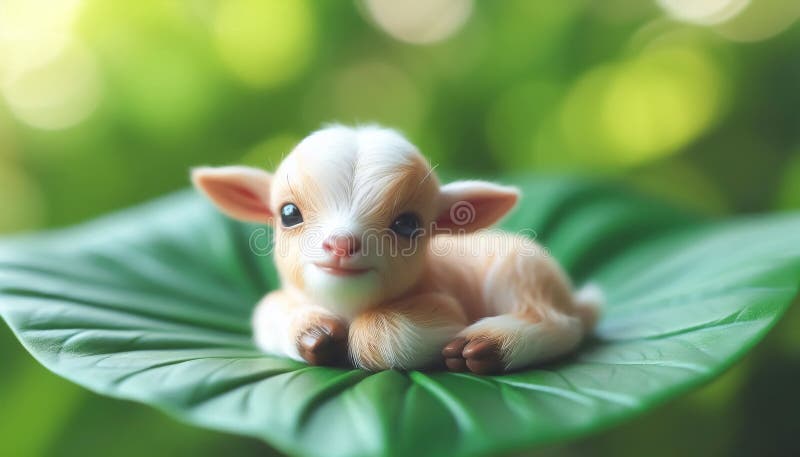 Tiny miniature goat on a green leaf stock illustration