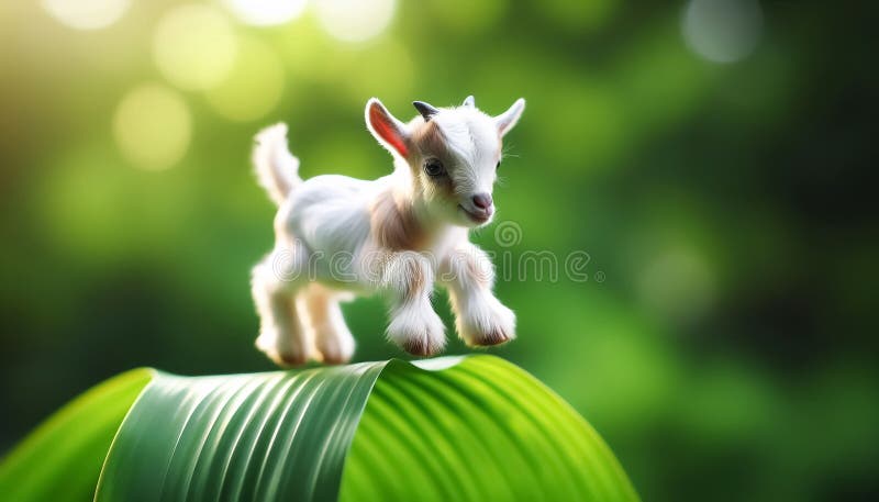 Tiny miniature goat on a green leaf royalty free illustration