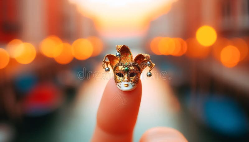 Tiny miniature Venice carnival mask on a person\'s finger stock illustration