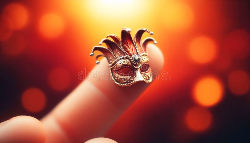 Tiny miniature Venice carnival mask on a person\'s finger stock illustration