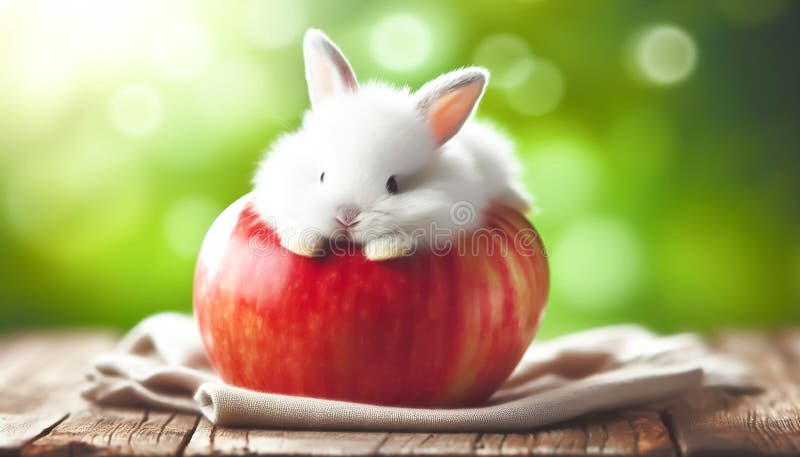 Tiny miniature white bunny on an apple vector illustration