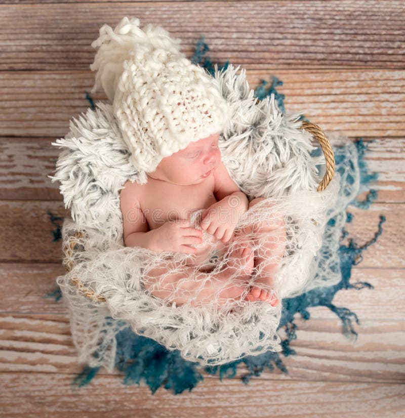 Tiny Newborn Baby in White Knitted Hat on Fur Stock Image Image of baby, asleep 70982485
