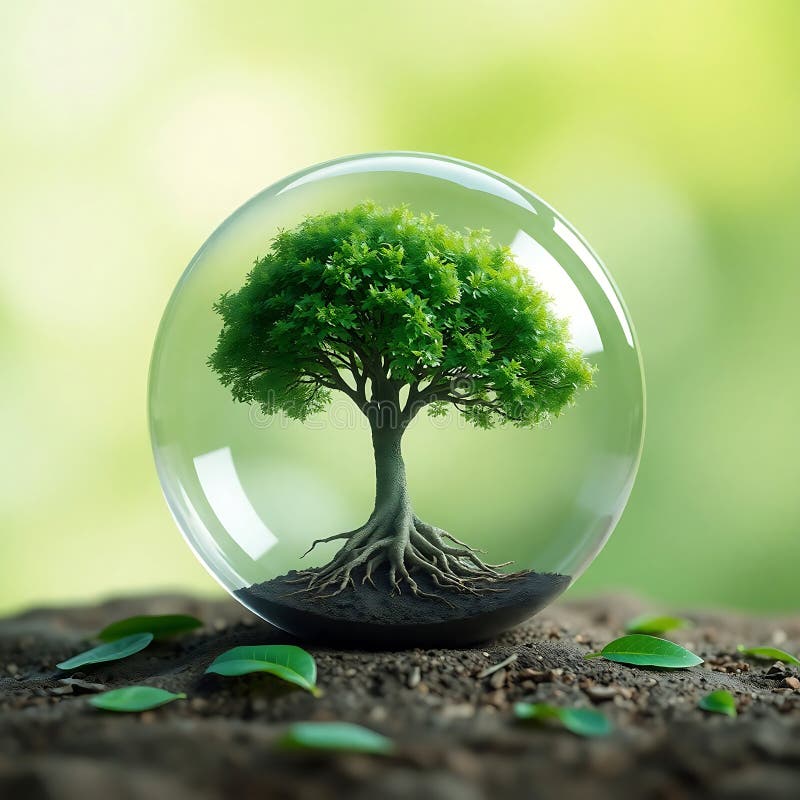 Tiny Tree Protected in a Crystal Sphere, Symbolizing Sustainability royalty free illustration