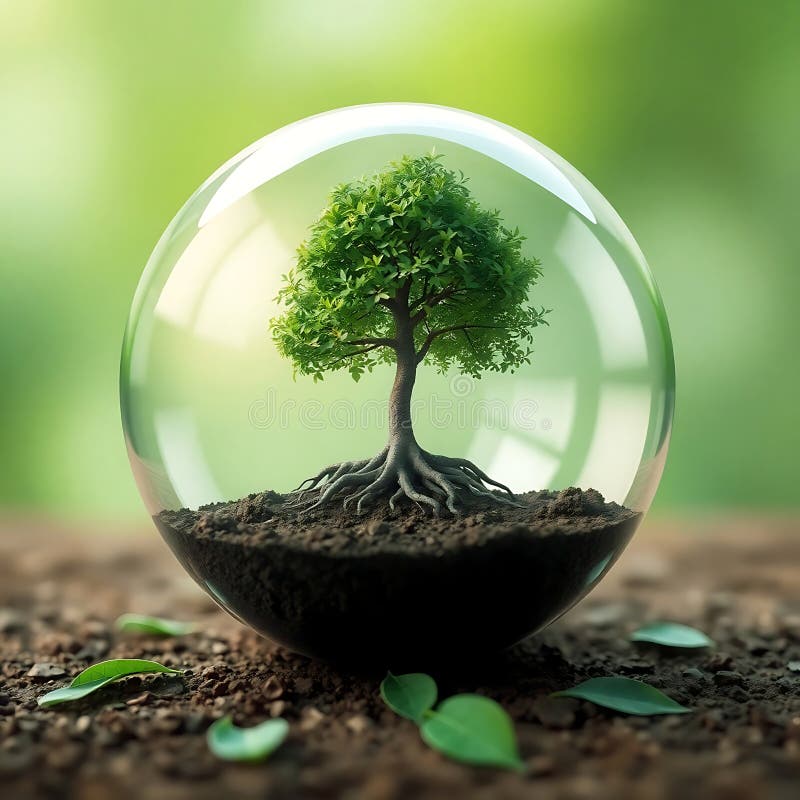 Tiny Tree Protected in a Crystal Sphere, Symbolizing Sustainability royalty free illustration