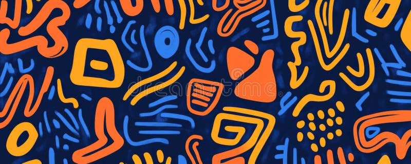 Tipar abstract de artă colorată în linie cu forme portocalii și albastre pe fond întunecat royalty free stock photos