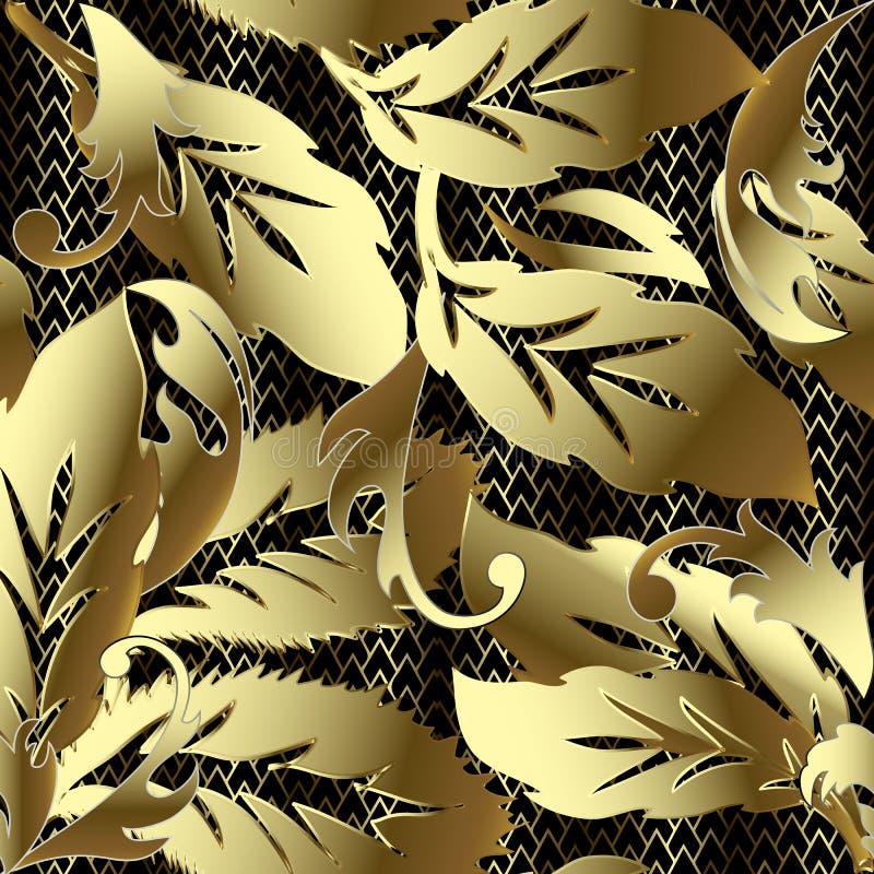 Tipar baroc auriu sau vector 3d fără sudură. fond pentru zigzag al grilei ornamentale cu frunze. repetare textură geometrică cu st vector illustration