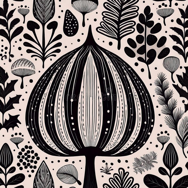Tipar de artă populară scandinavă minimalistă care prezintă elemente ale florei și florei de toamnă albe și negre. ai generativ royalty free stock photos