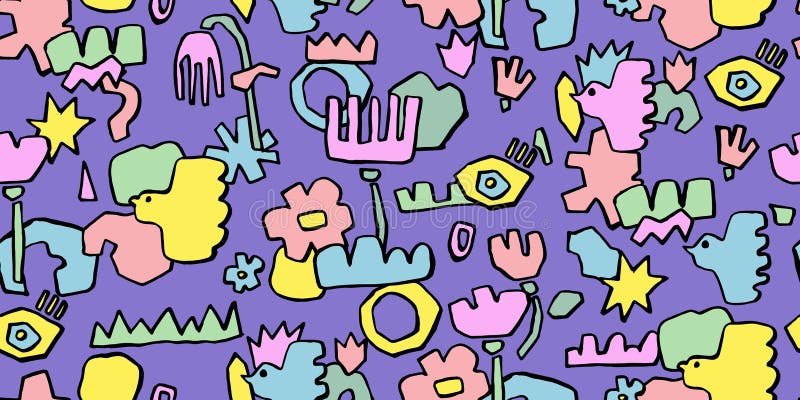 Tipar fără sudură, cu mânere colorate, cu diferite forme, care formează flori, păsări și obiecte doodle. Abstract vector illustration