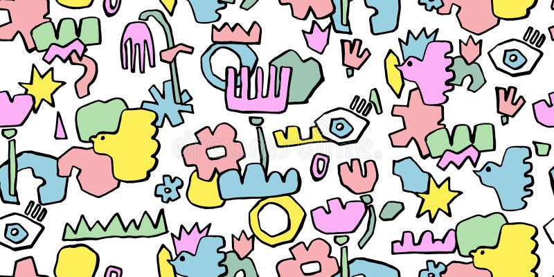 Tipar fără sudură, cu mânere colorate, cu diferite forme, care formează flori, păsări și obiecte doodle. Abstract royalty free illustration